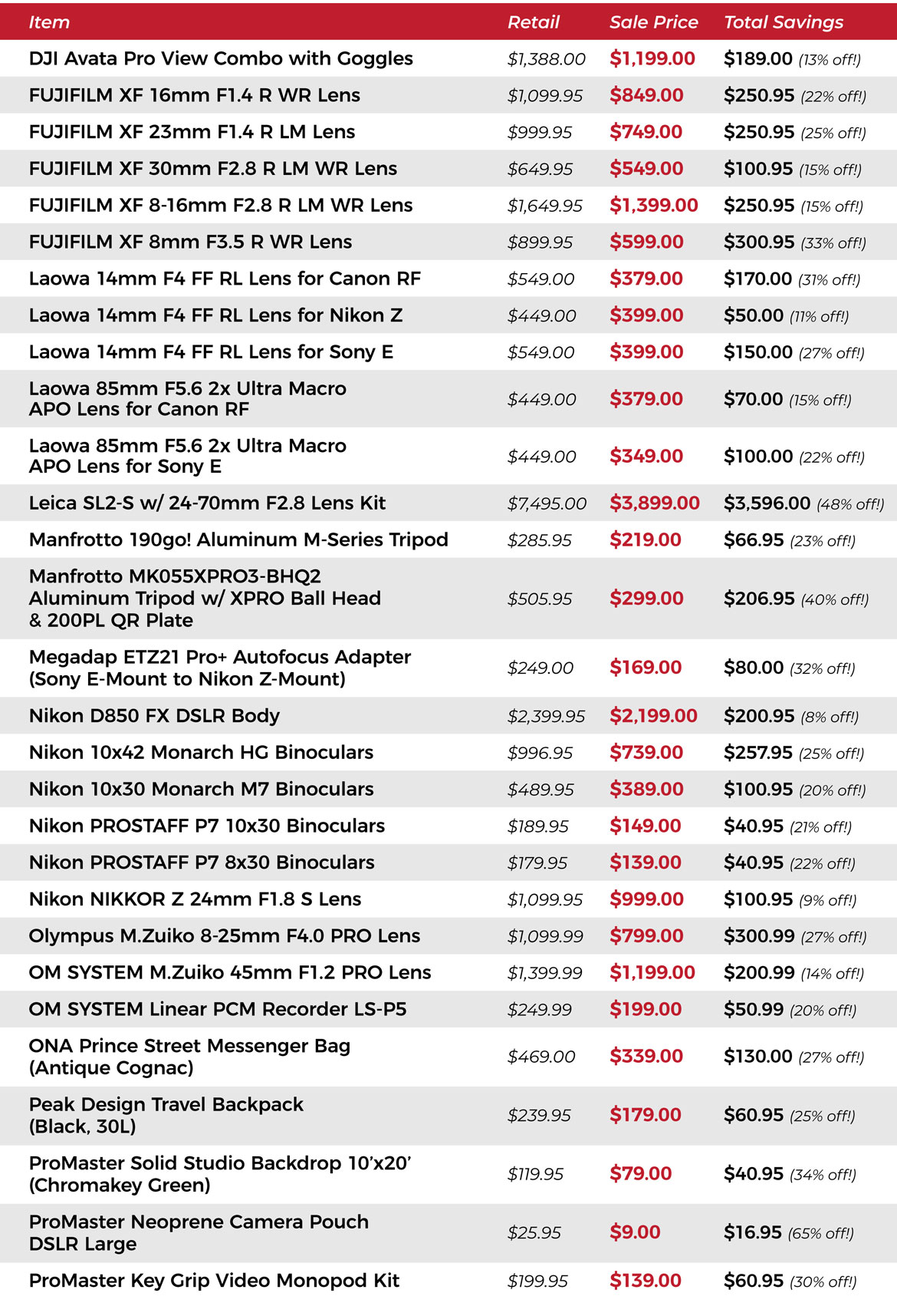 Product listing for Inventory Clearance Sale with cameras, lenses, tripods, binoculars, bags, and accessories. Sale prices shown with discounts up to 65% off.